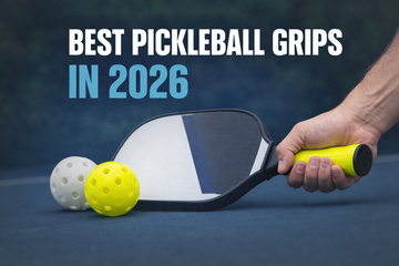 Best pickleball grips in 2026 graphic showing a paddle with yellow overgrip and pickleballs on a court with text “Best Pickleball Grips in 2026.”