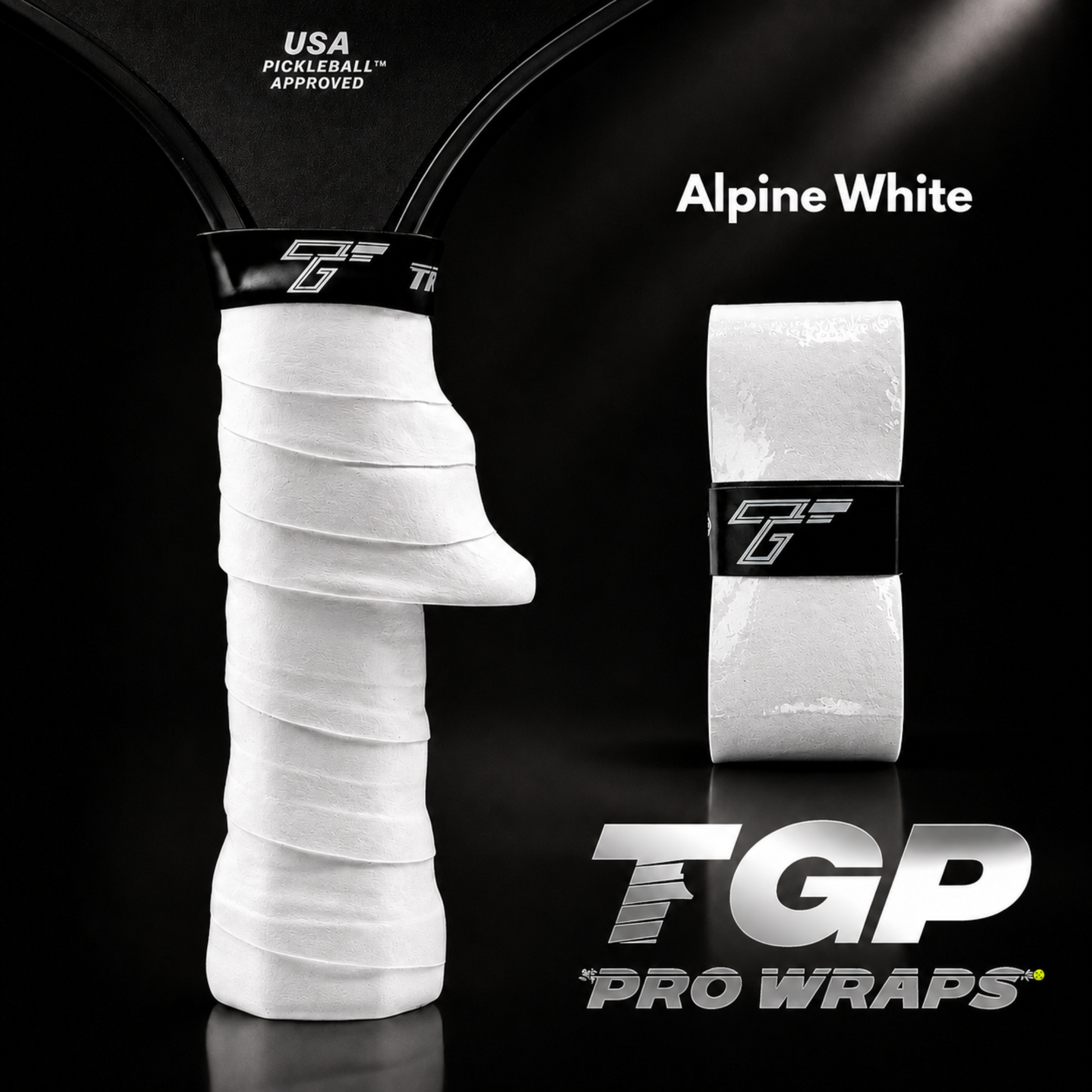 White pickleball paddle wrap with TGP Pro Wraps branding on a black background