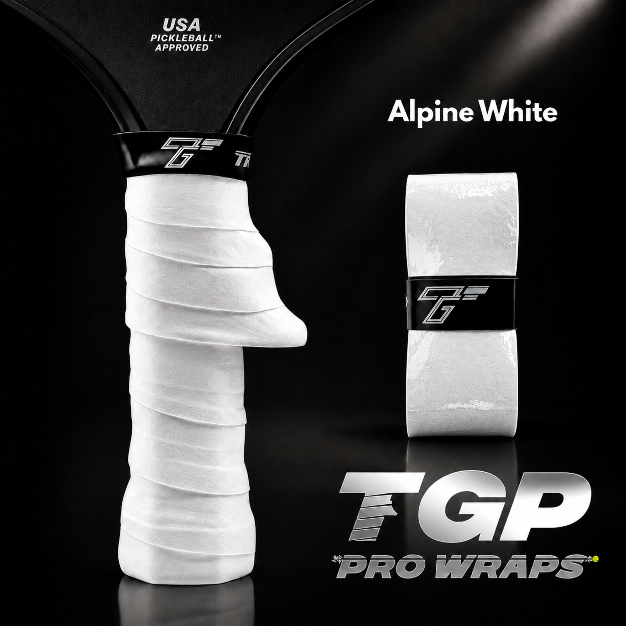 White pickleball paddle wrap with TGP Pro Wraps branding on a black background