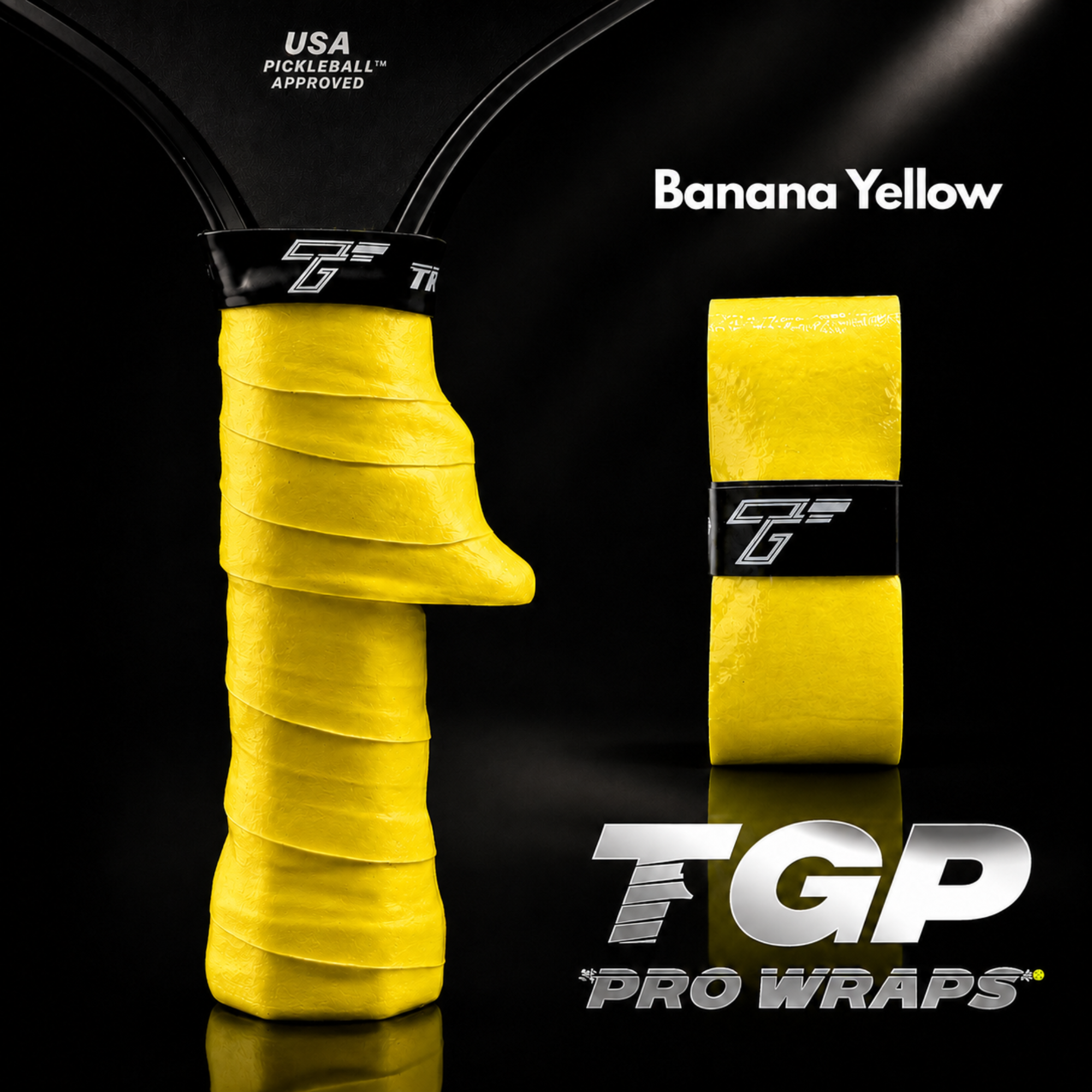Yellow pickleball paddle grip with TGP Pro Wraps branding on a black background