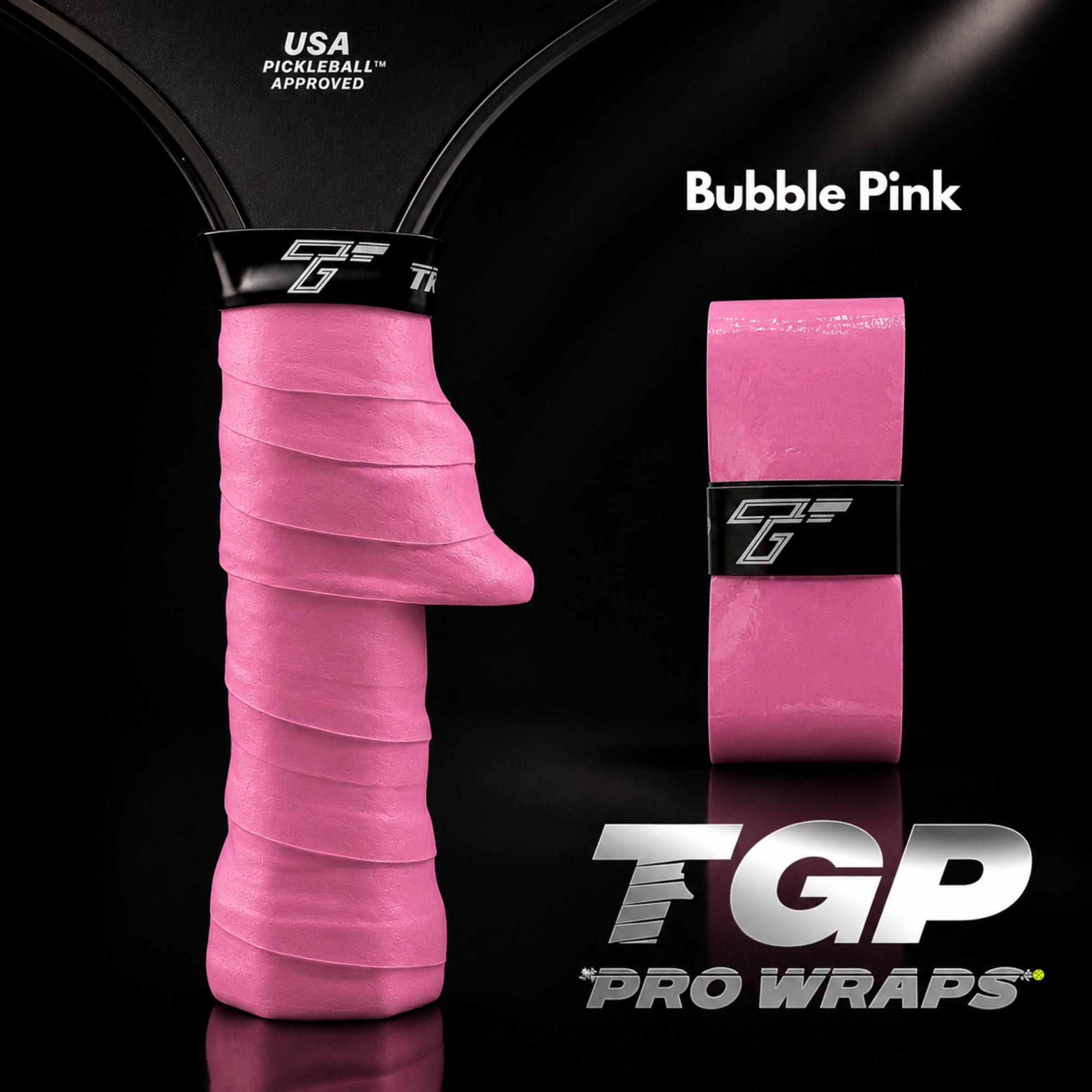 Pink pickleball paddle grip with TGP Pro Wraps branding on a black background