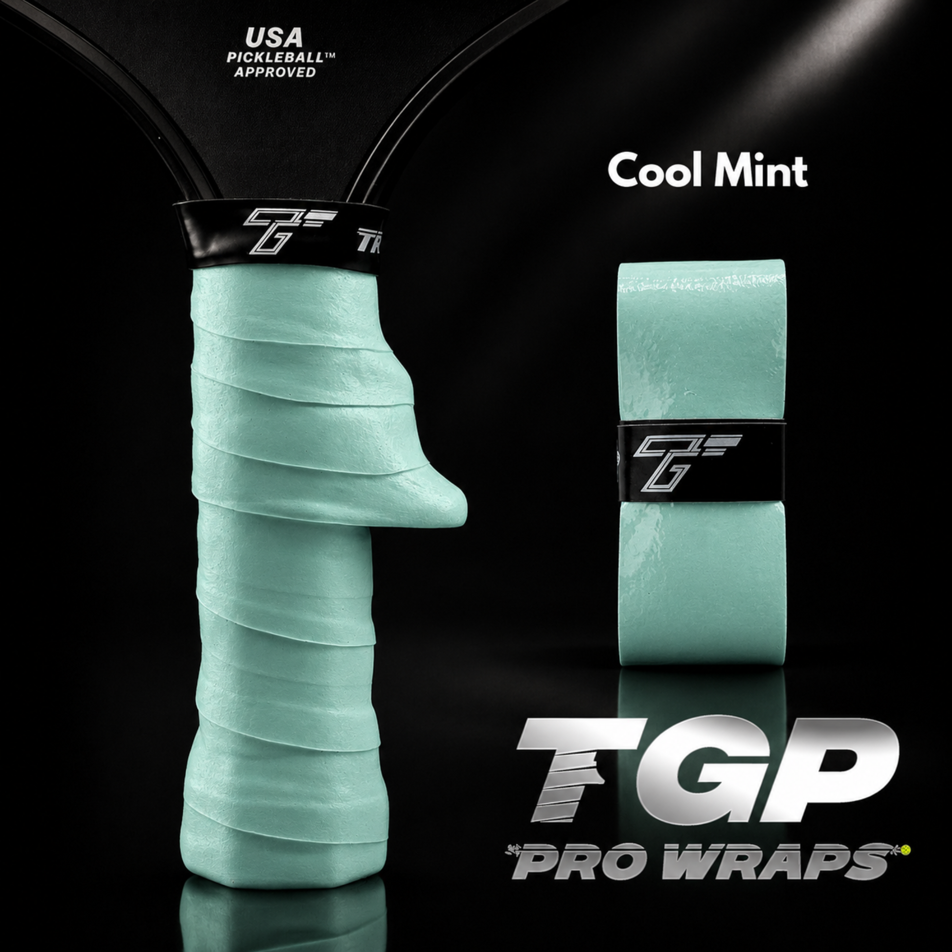 TGP Pro Wraps teal pickleball paddle wrap on a black background with TGP branding.