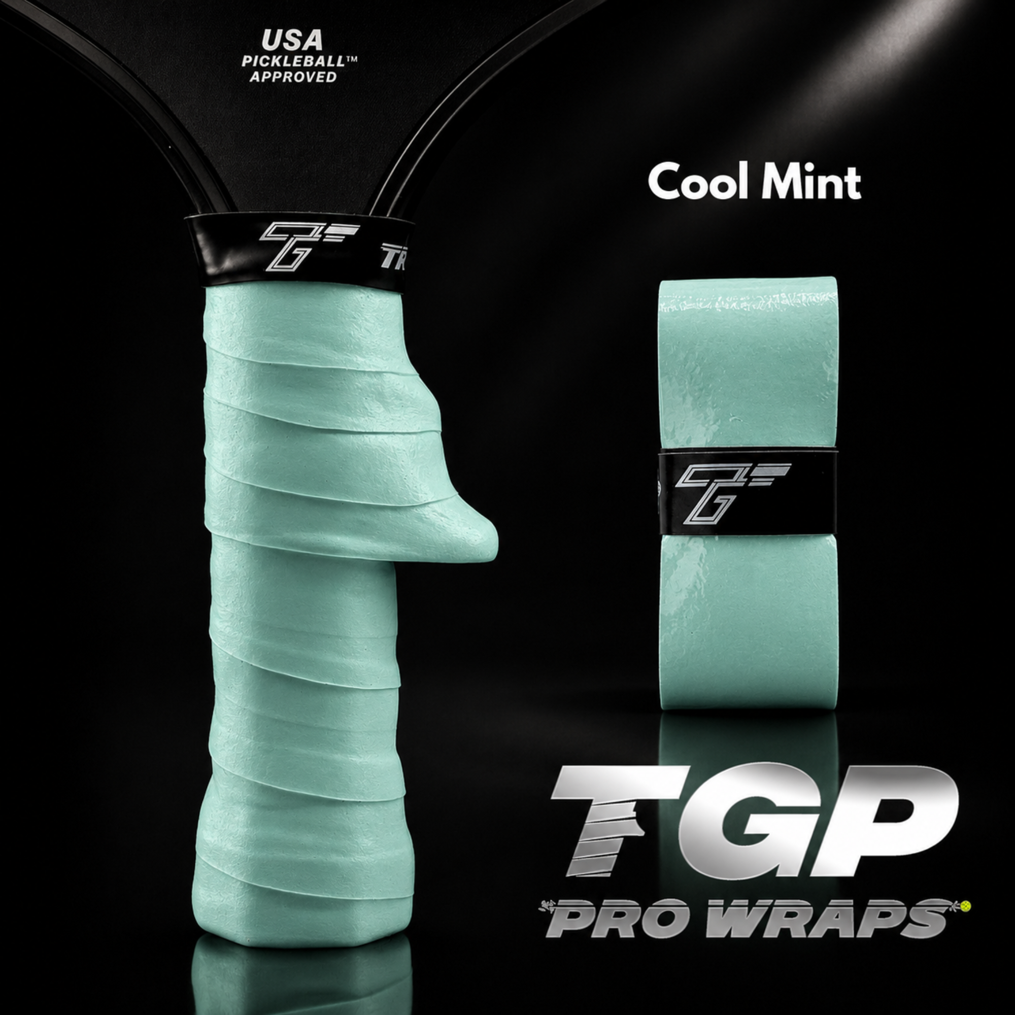 TGP Pro Wraps teal pickleball paddle wrap on a black background with TGP branding.