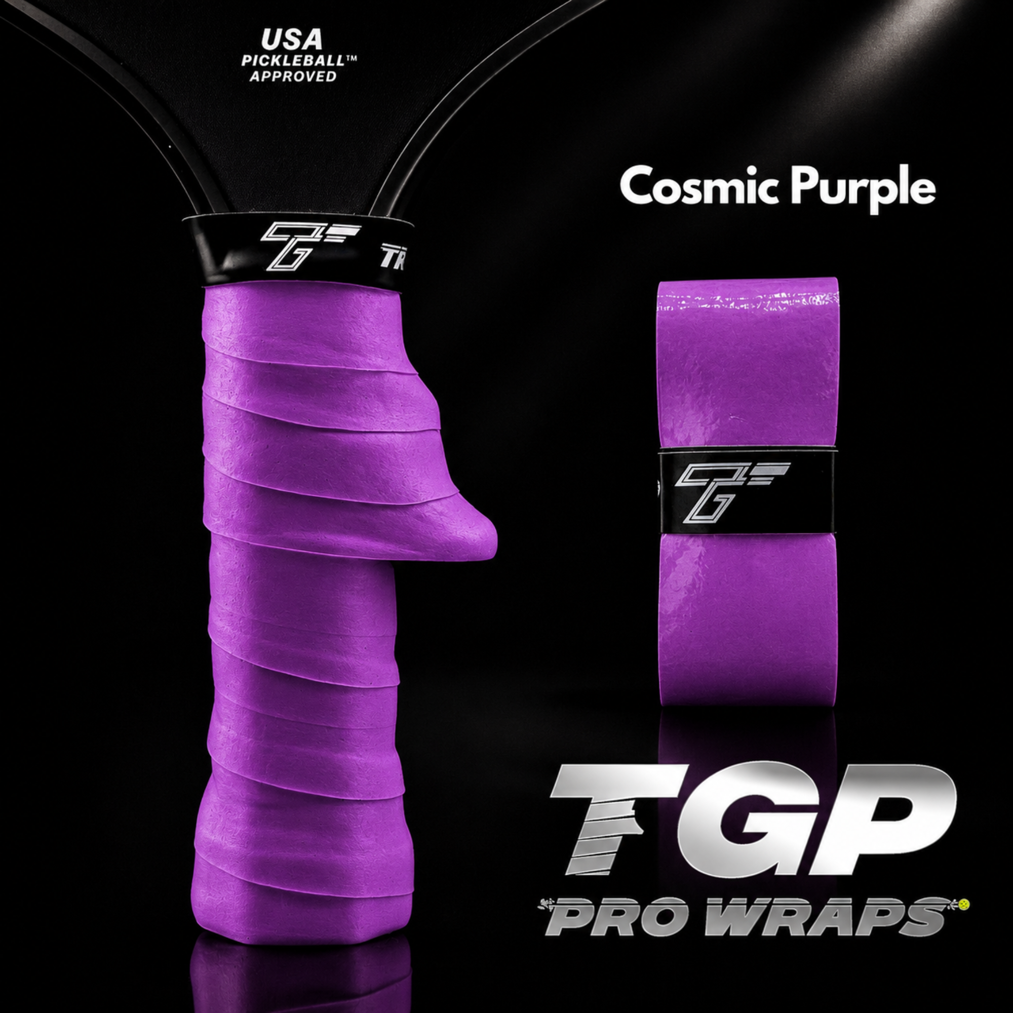 Purple pickleball paddle wrap with TGP Pro Wraps branding on a black background