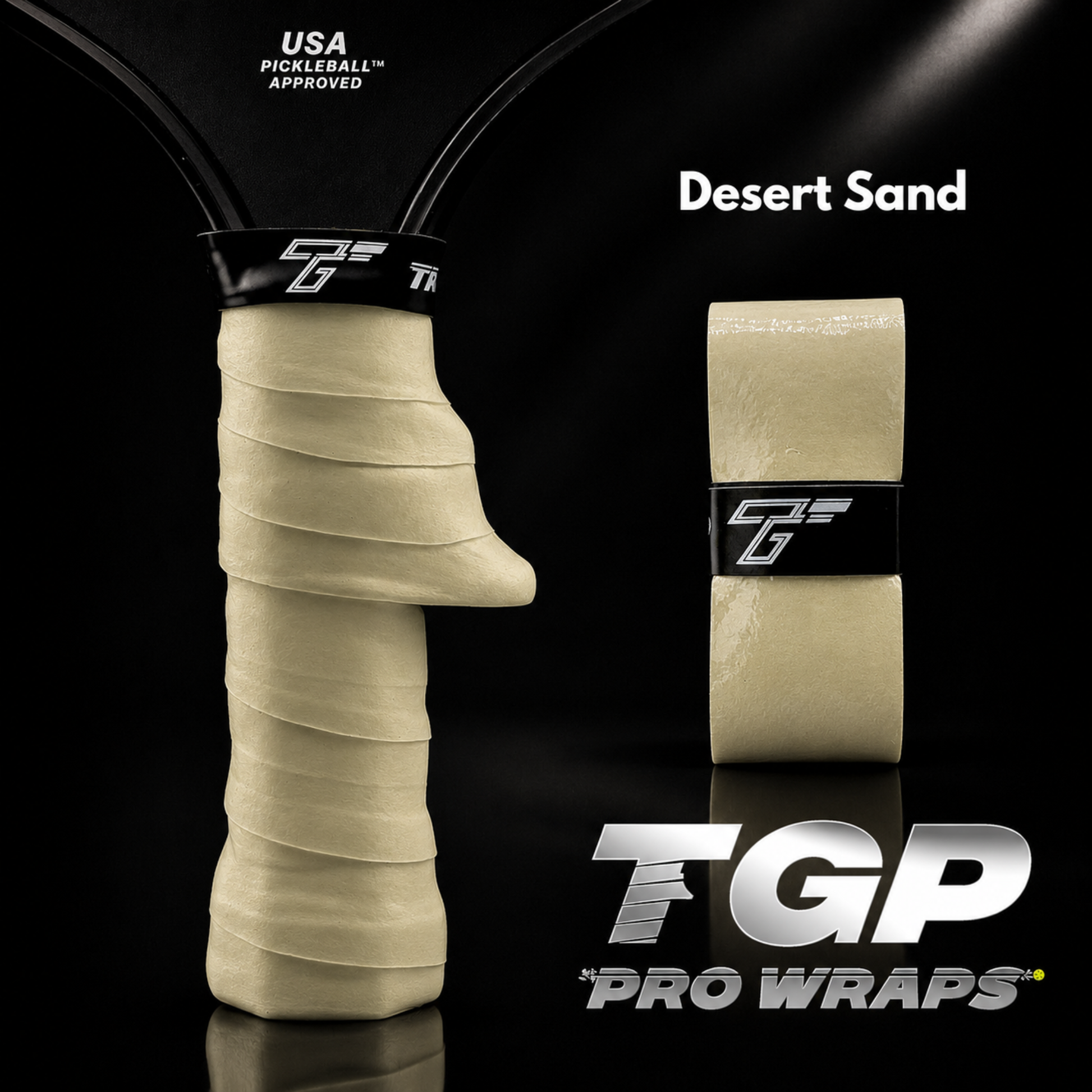 TGP Pro Wraps desert sand color on a pickleball paddle with visible branding.