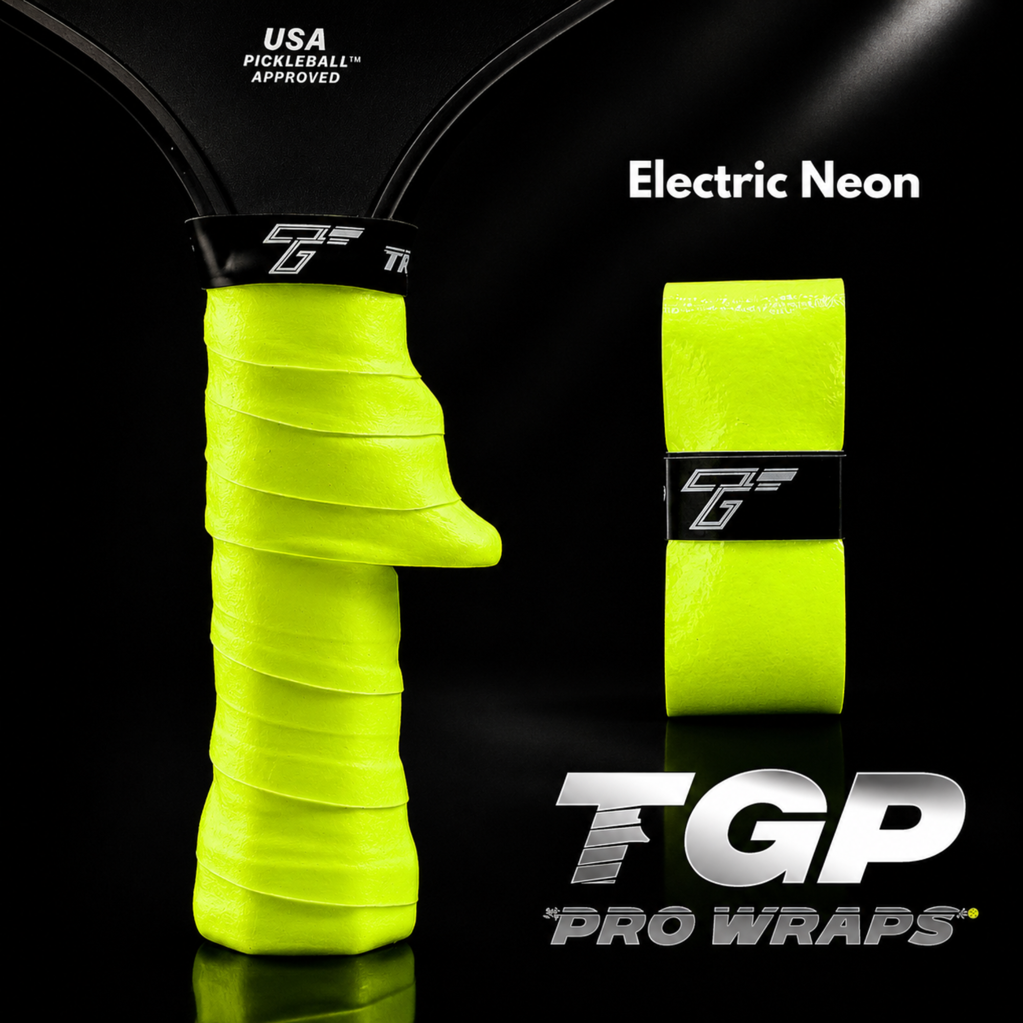 Yellow TGP Pro Wraps on a pickleball paddle with 'Electric Neon' text on a black background.