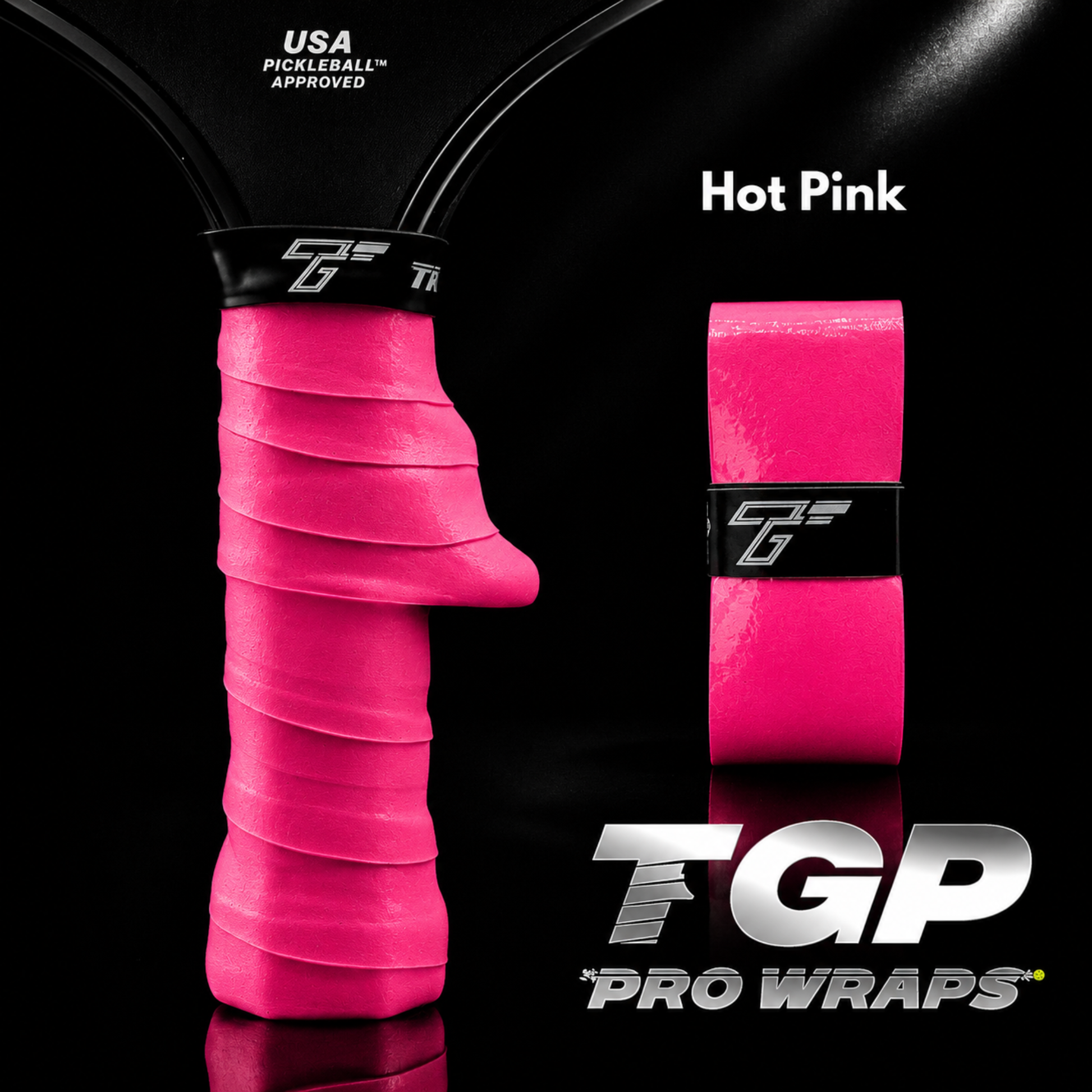 Hot pink pickleball grip with TGP Pro Wraps branding on a black background