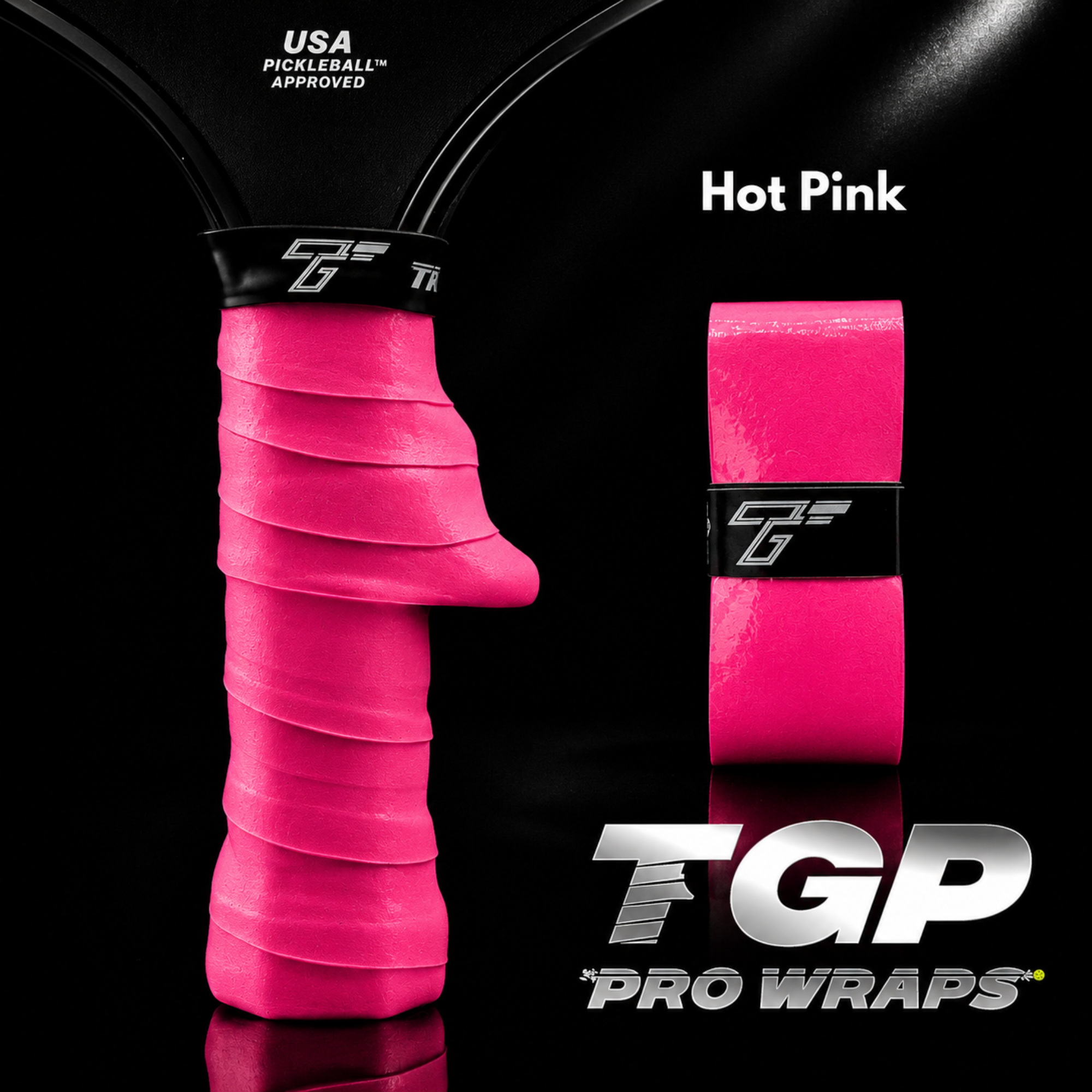Hot pink pickleball grip with TGP Pro Wraps branding on a black background