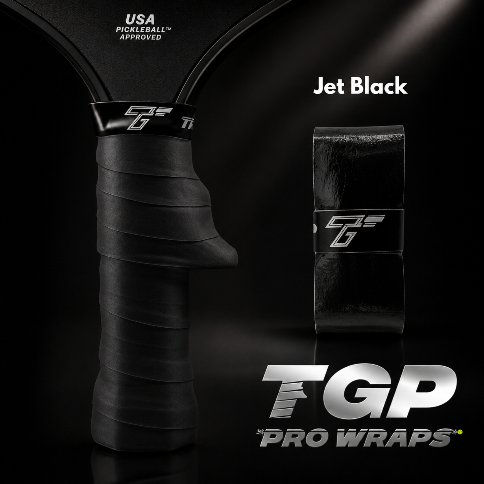 Black pickleball paddle with TGP Pro Wraps on a dark background