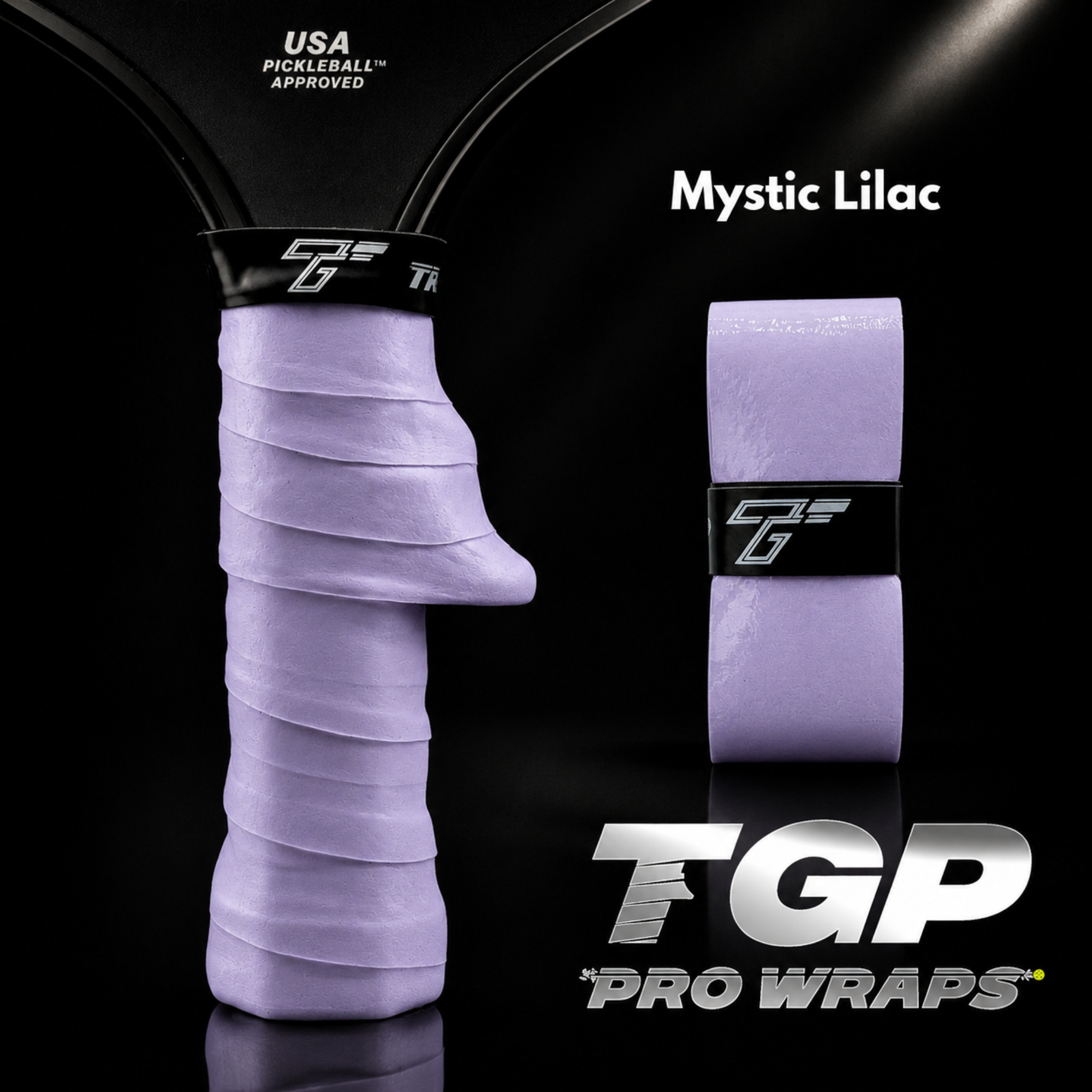 Purple pickleball grip with TGP Pro Wraps branding on a black background