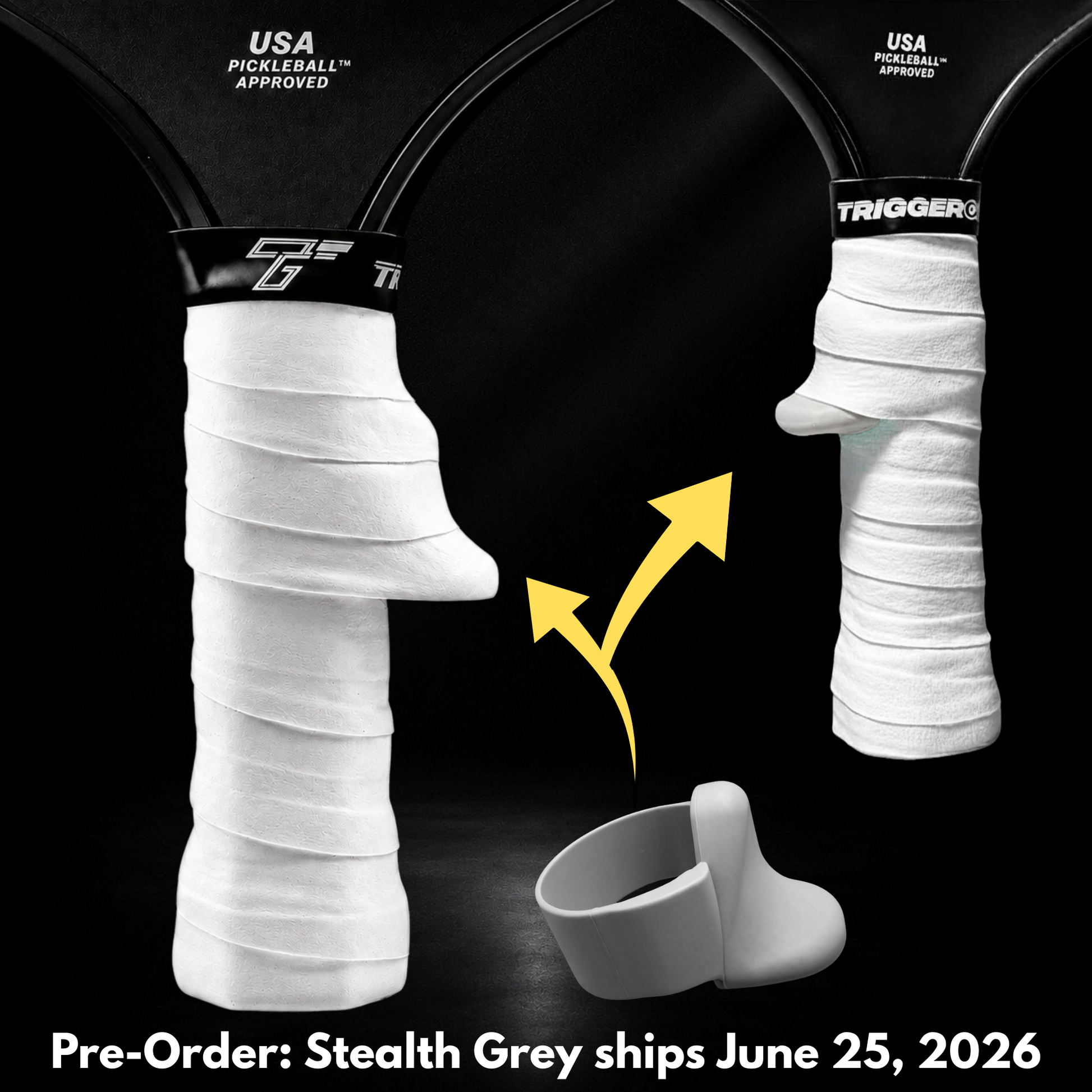 TriggerGrip Pro pickleball grip insert installation showing stealth grey insert positioned under an overgrip to create the trigger ridge for control and consistency. Pre-Order