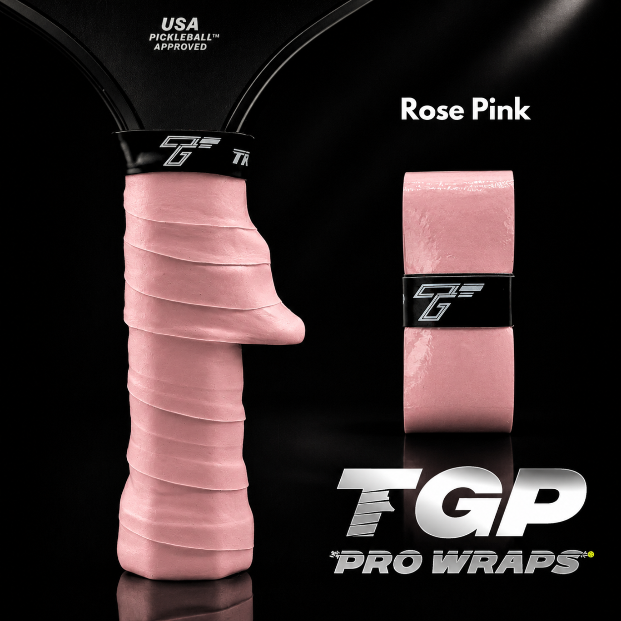 Pink TGP Pro Wraps on a racket handle with 'Rose Pink' label on a black background