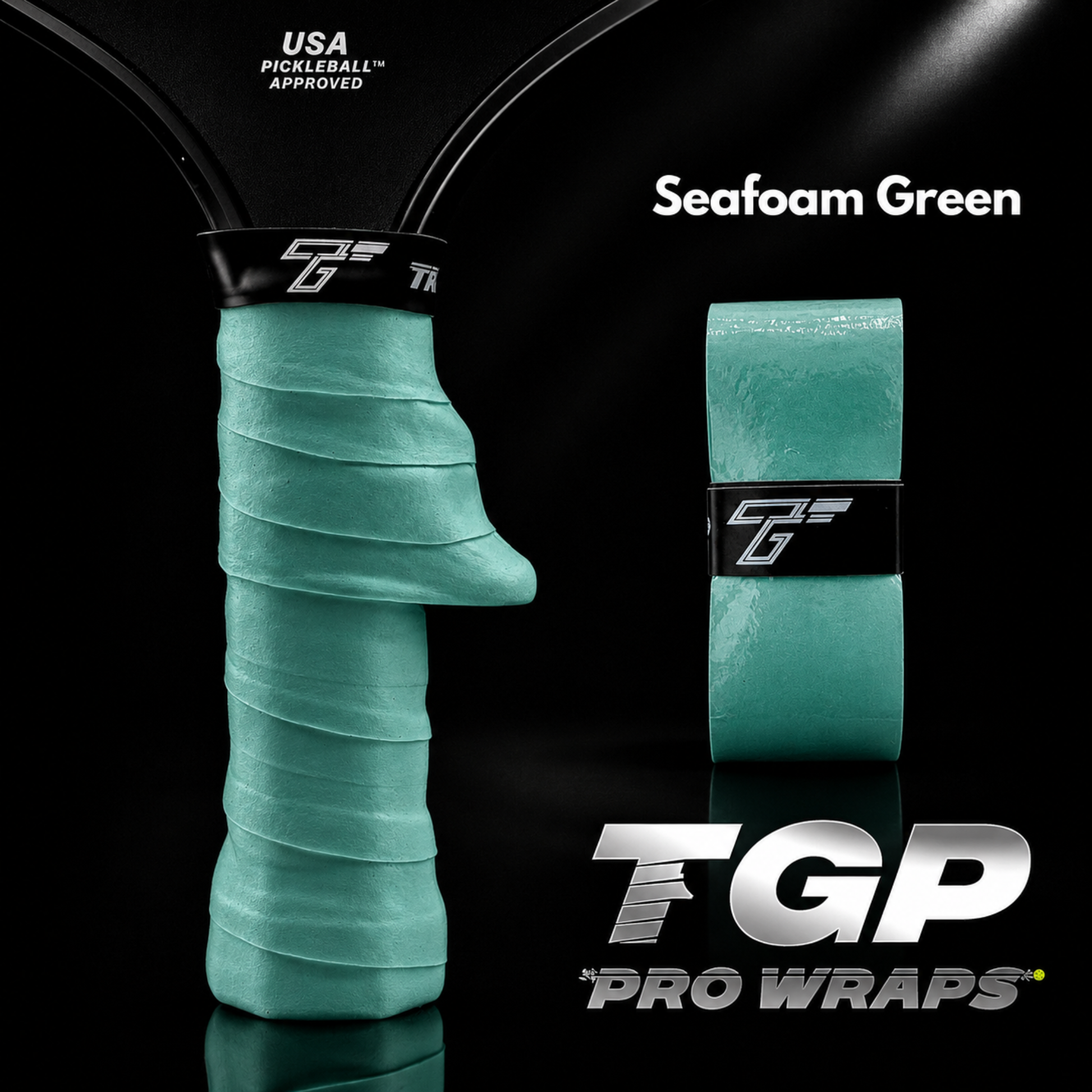 Seafoam green pickleball grip with TGP Pro Wraps branding on a black background