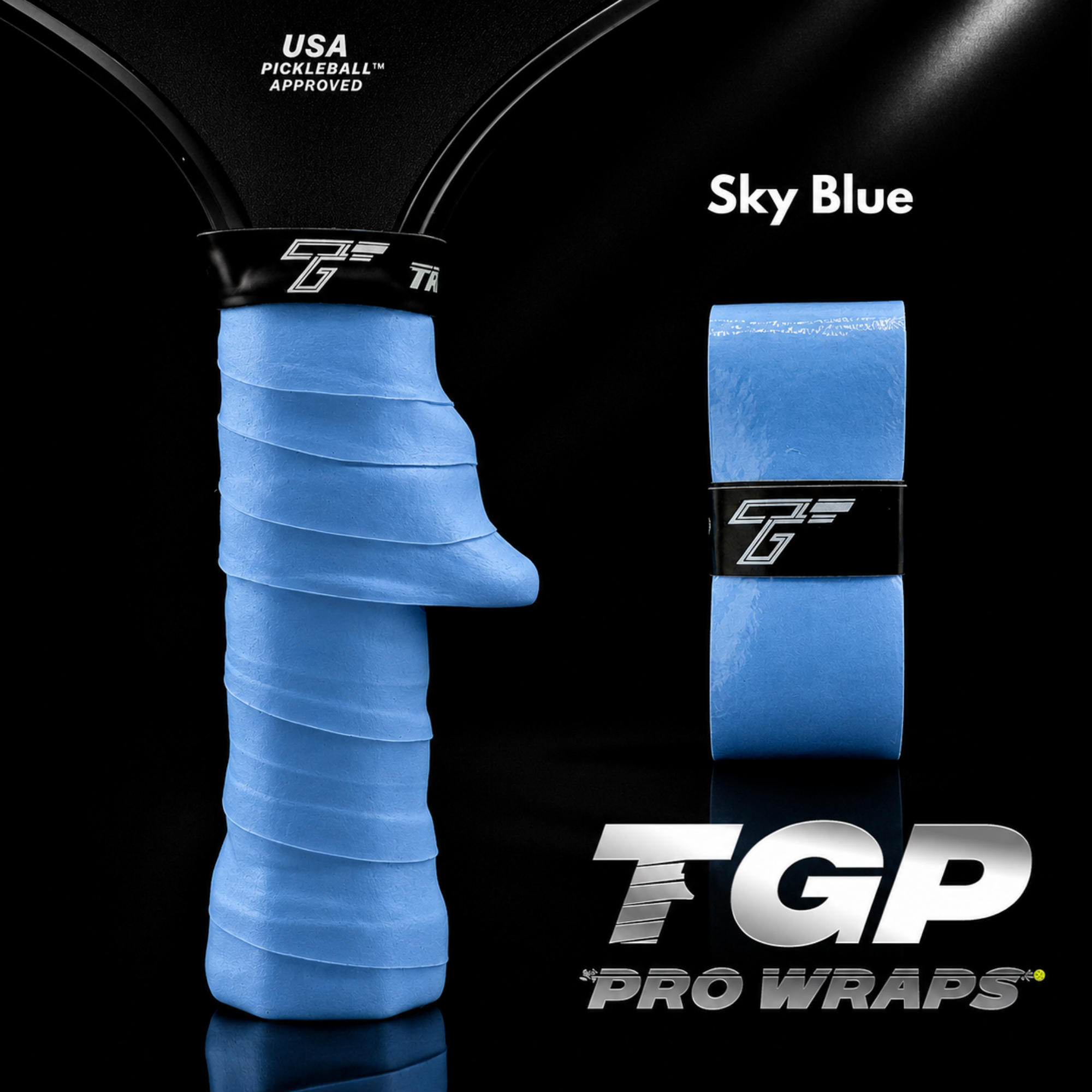 Blue pickleball paddle grip with TGP Pro Wraps branding on a black background