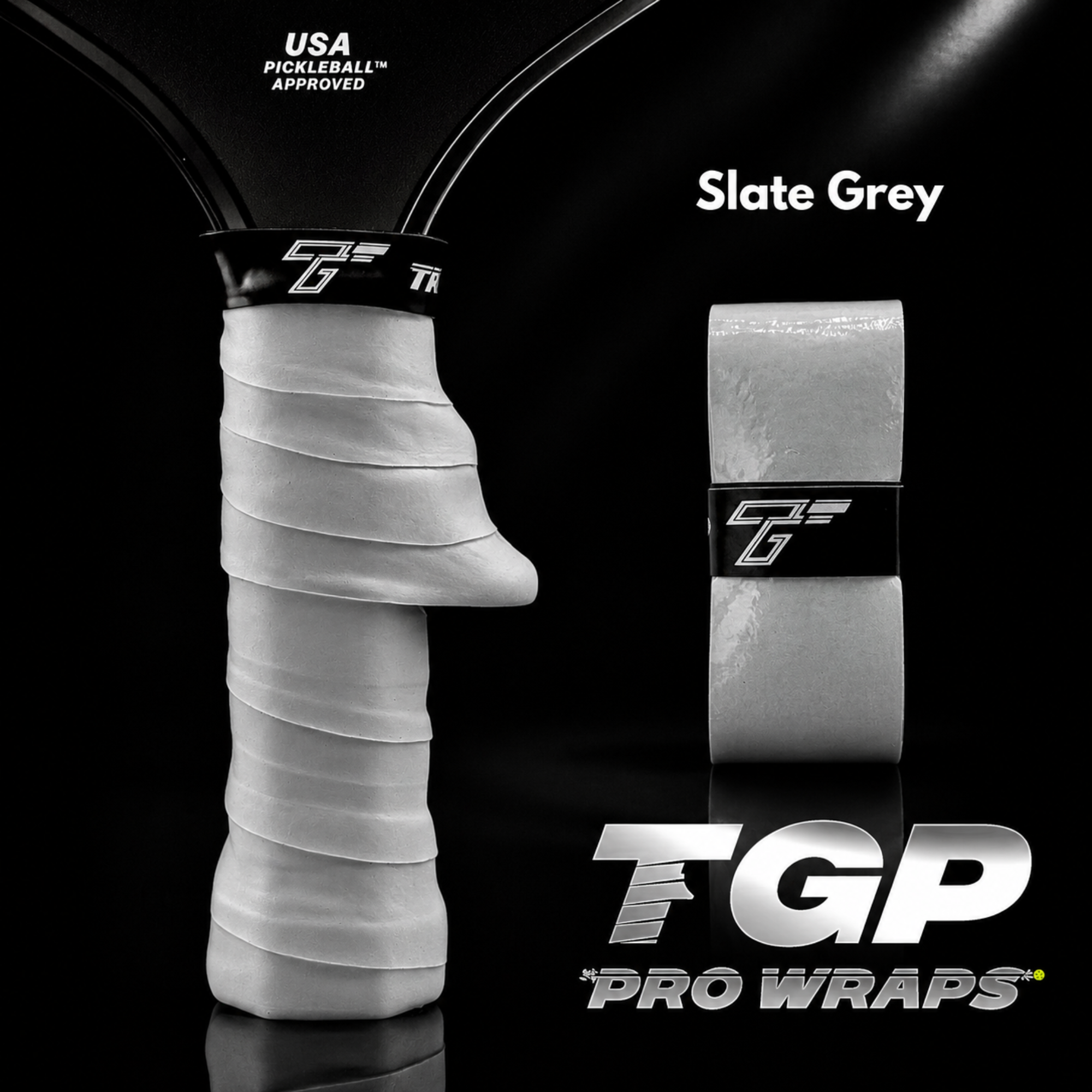 White pickleball paddle wrap with TGP Pro Wraps branding on a black background