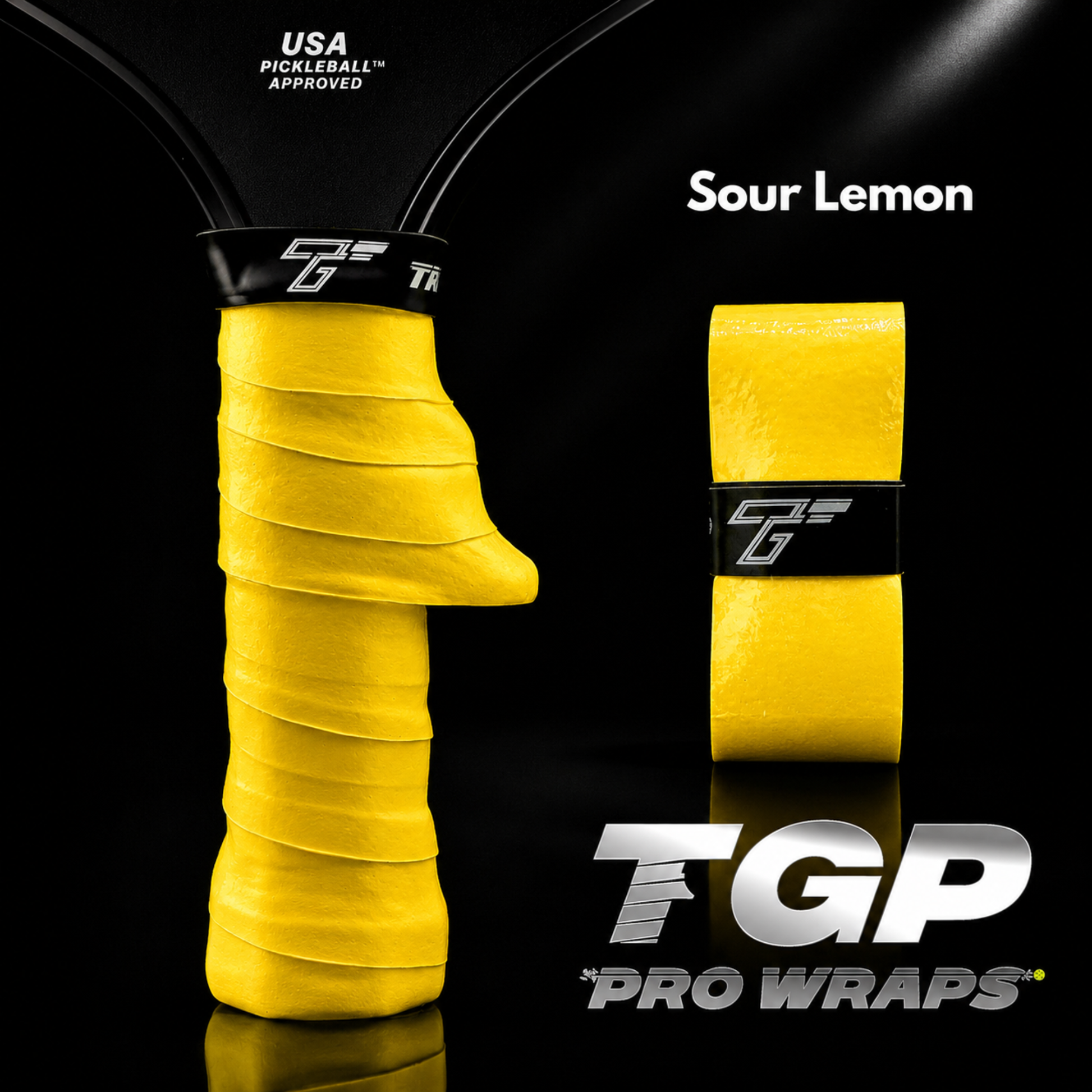 Yellow pickleball paddle grip with TGP Pro Wraps branding on a black background