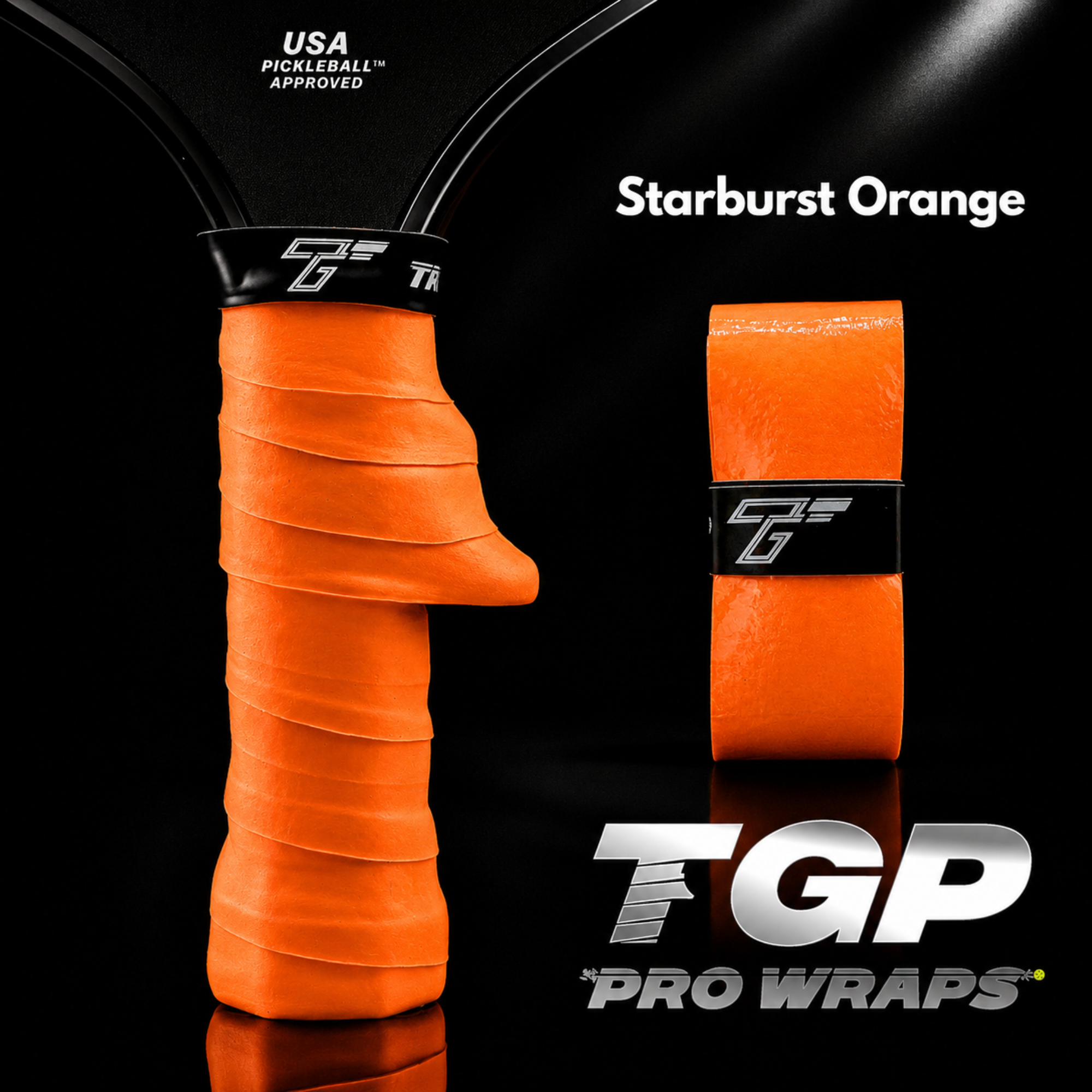 Orange tennis racket grip with TGP Pro Wraps branding on a black background