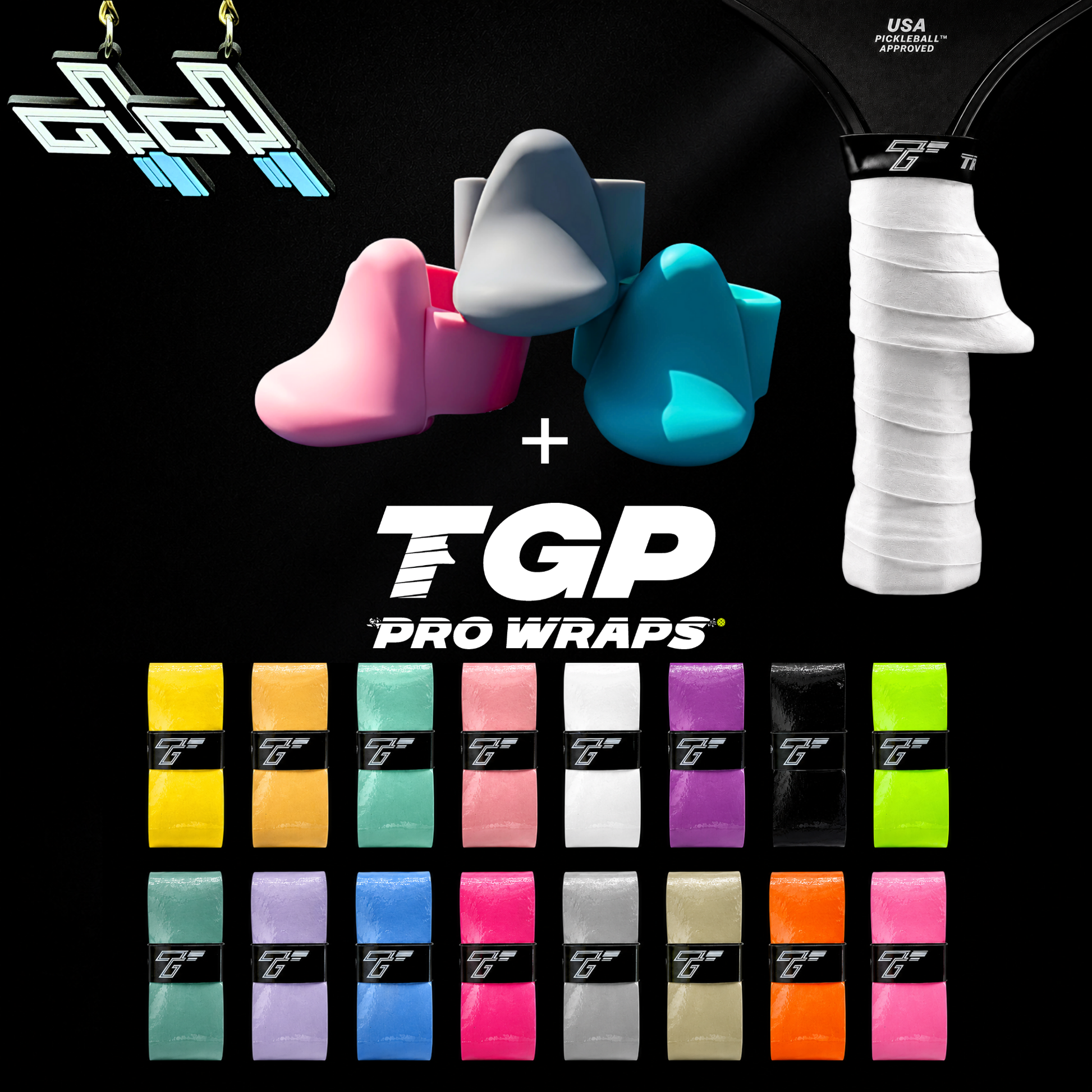 TGP Premium Grips with TGP Pro Wraps with colorful grip options on a black background