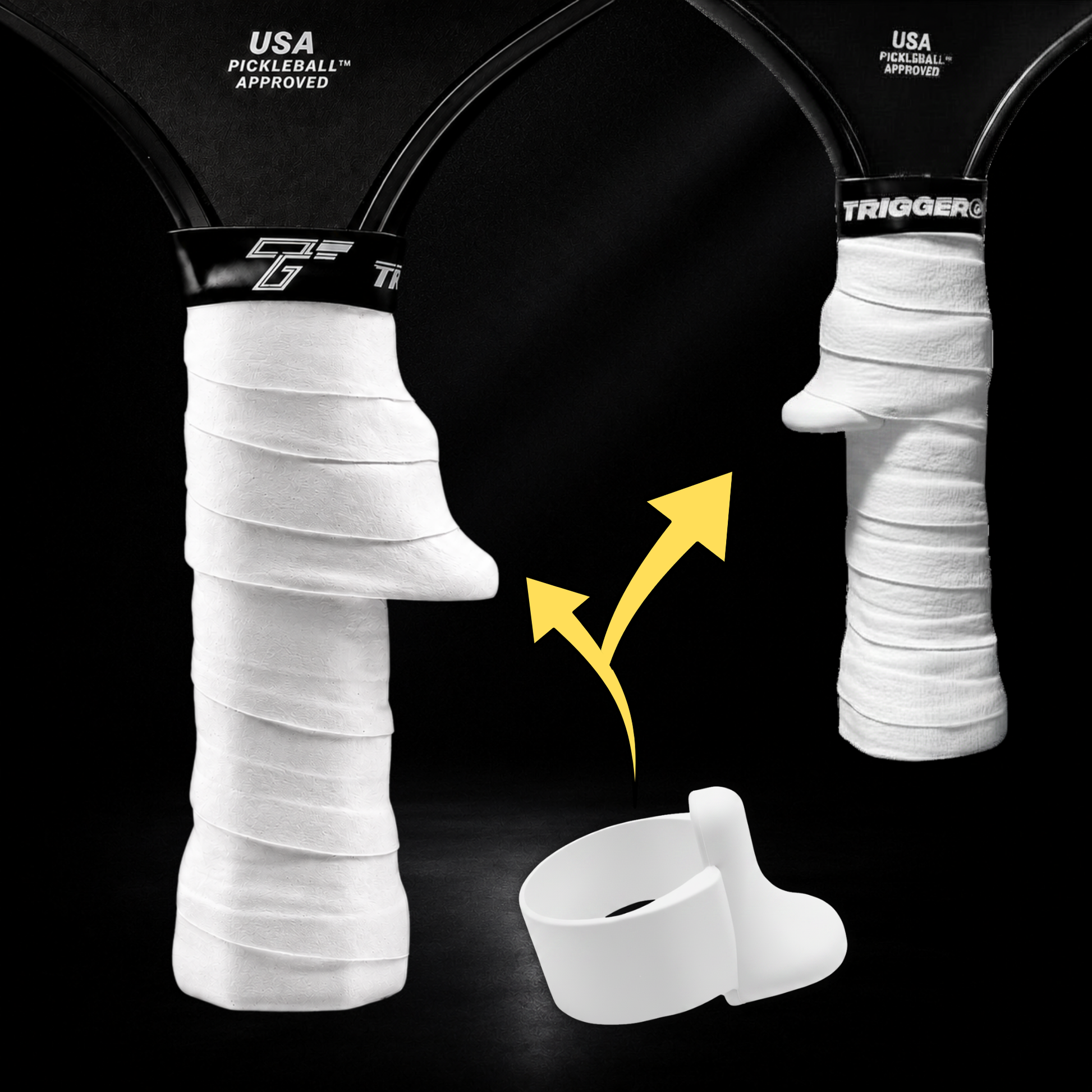 TriggerGrip Pro pickleball grip insert installation showing alpine white insert positioned under an overgrip to create the trigger ridge for control and consistency