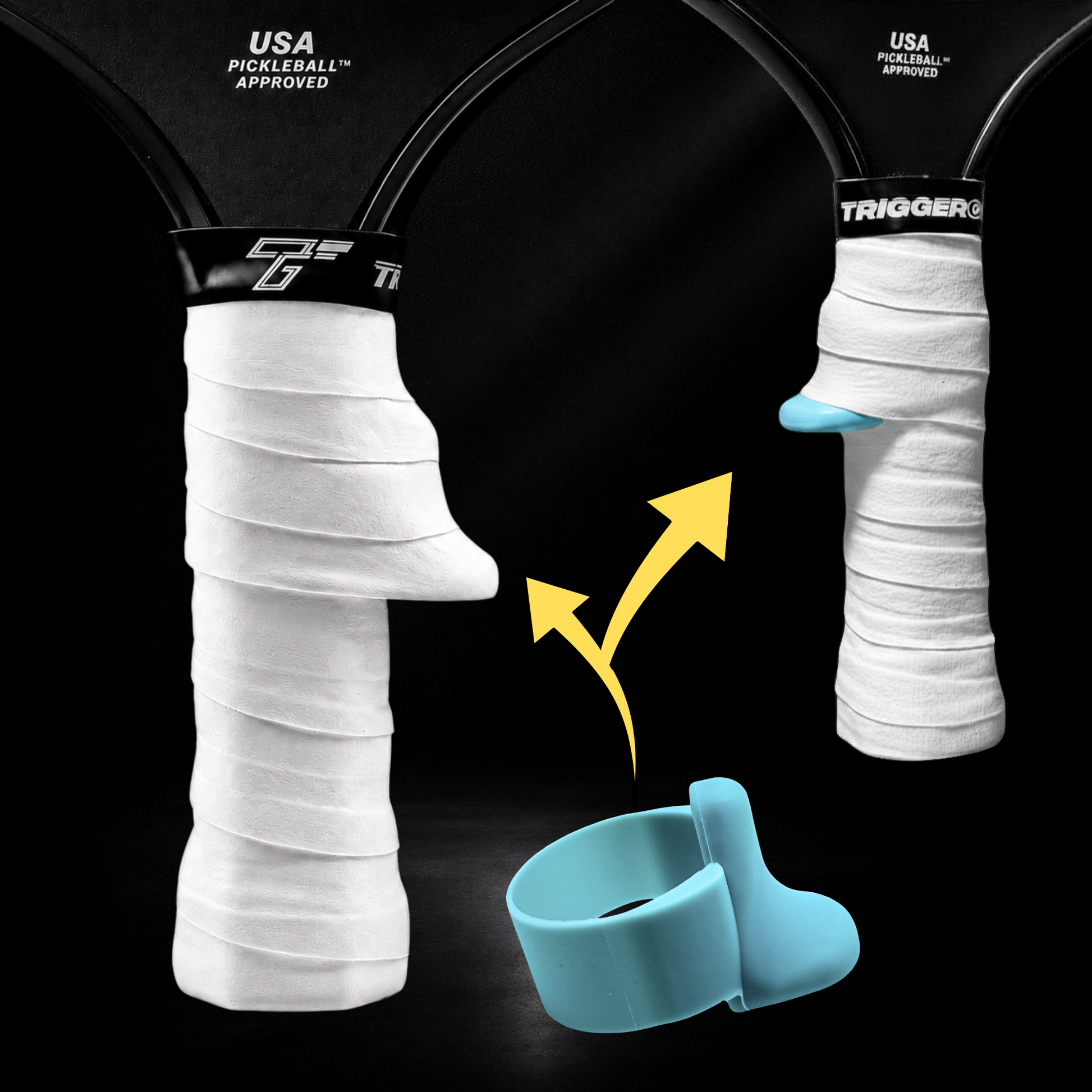 TriggerGrip Pro pickleball grip insert installation showing arctic blue insert positioned under an overgrip to create the trigger ridge for control and consistency.