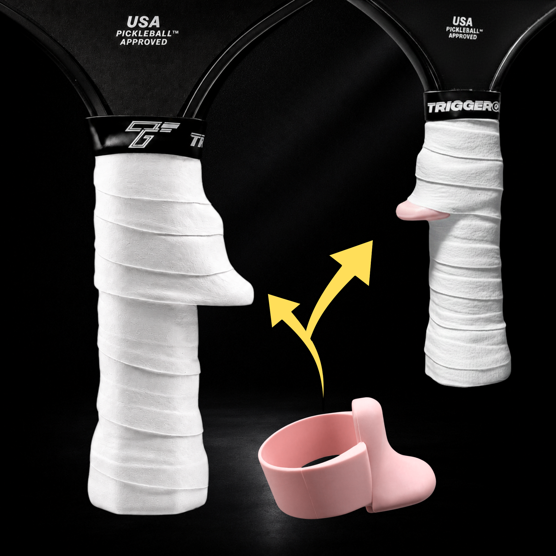 TriggerGrip Pro pickleball grip insert installation showing coral pink insert positioned under an overgrip to create the trigger ridge for control and consistency