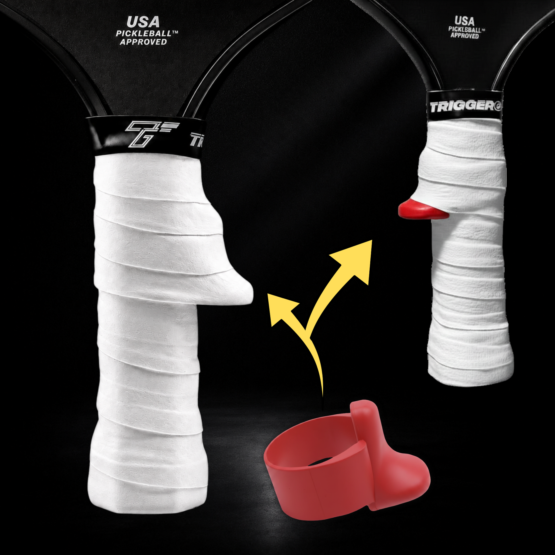 TriggerGrip Pro pickleball grip insert installation showing inferno red insert positioned under an overgrip to create the trigger ridge for control and consistency