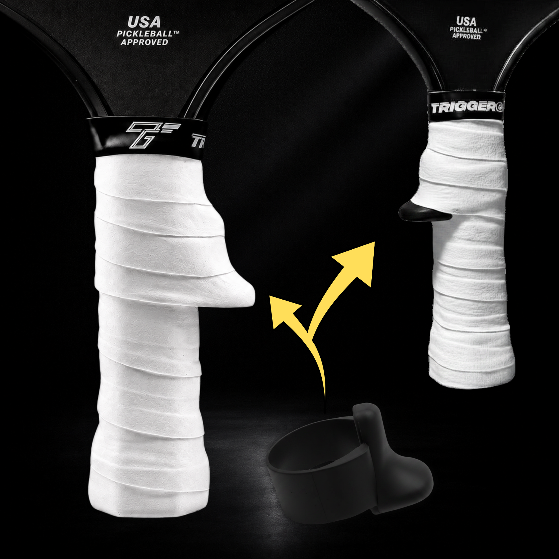 TriggerGrip Pro pickleball grip insert installation showing obisidan black insert positioned under an overgrip to create the trigger ridge for control and consistency