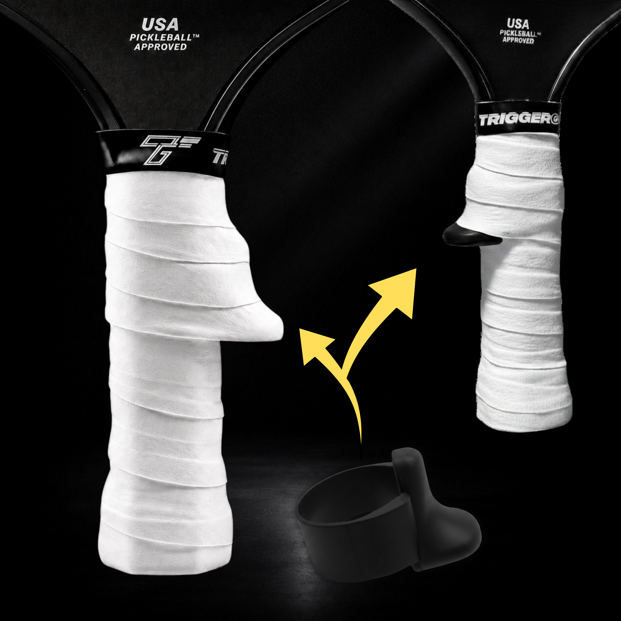 TriggerGrip Pro pickleball grip insert installation showing obisidan black insert positioned under an overgrip to create the trigger ridge for control and consistency