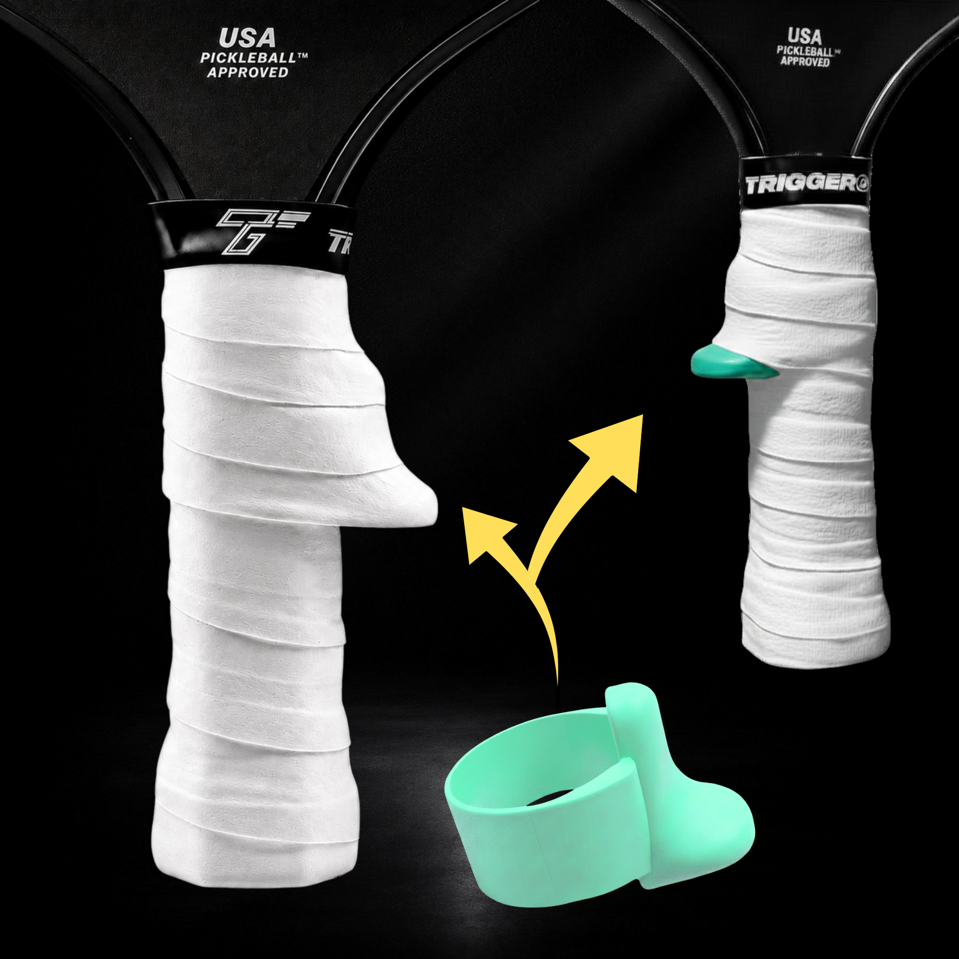 TriggerGrip Pro pickleball grip insert installation showing seafoam green insert positioned under an overgrip to create the trigger ridge for control and consistency