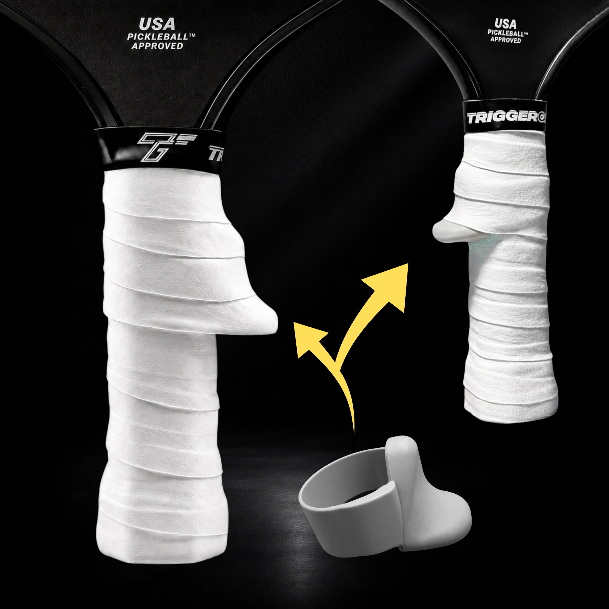 TriggerGrip Pro pickleball grip insert installation showing stealth grey insert positioned under an overgrip to create the trigger ridge for control and consistency