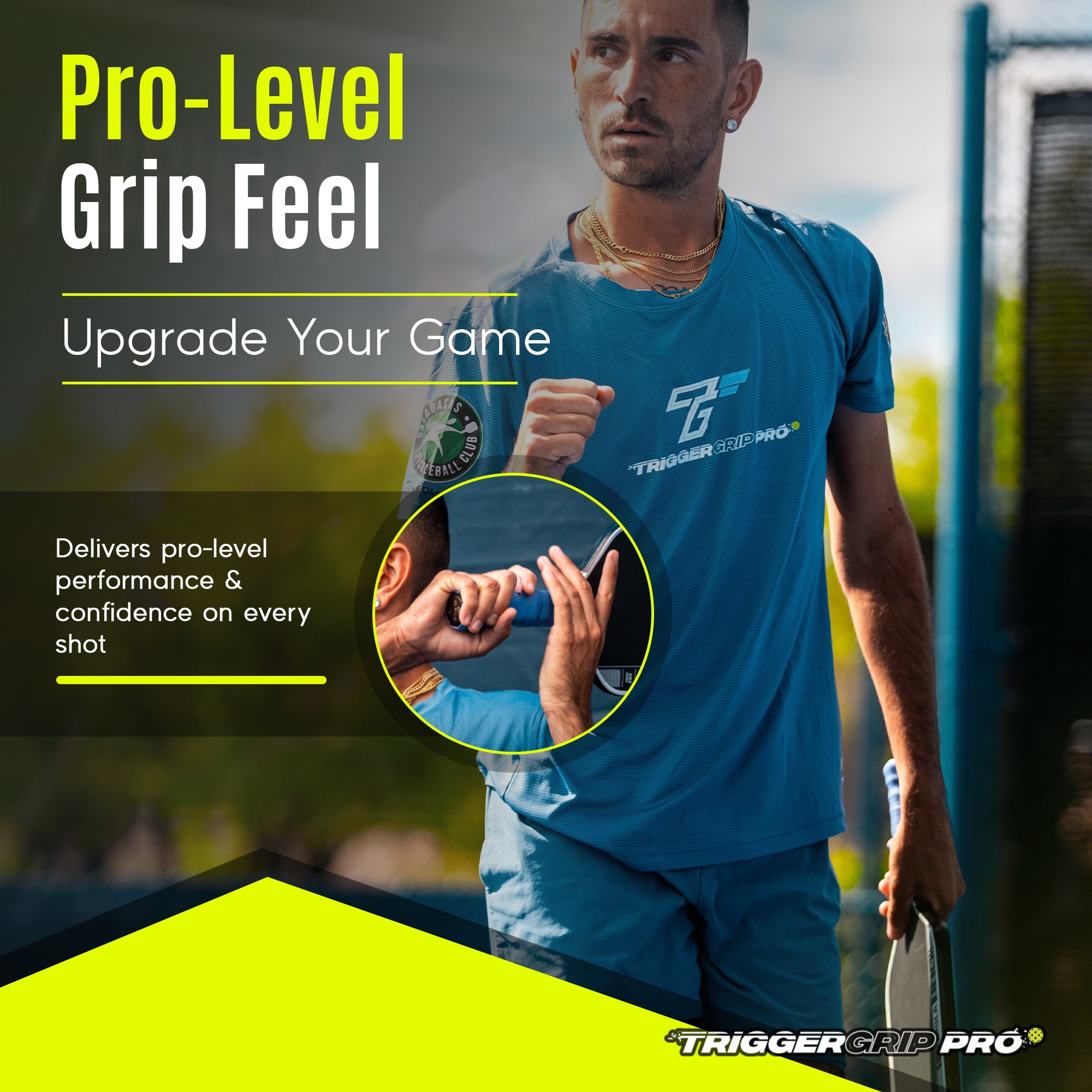 TriggerGrip Pro graphic promoting pro-level grip feel and improved paddle control.