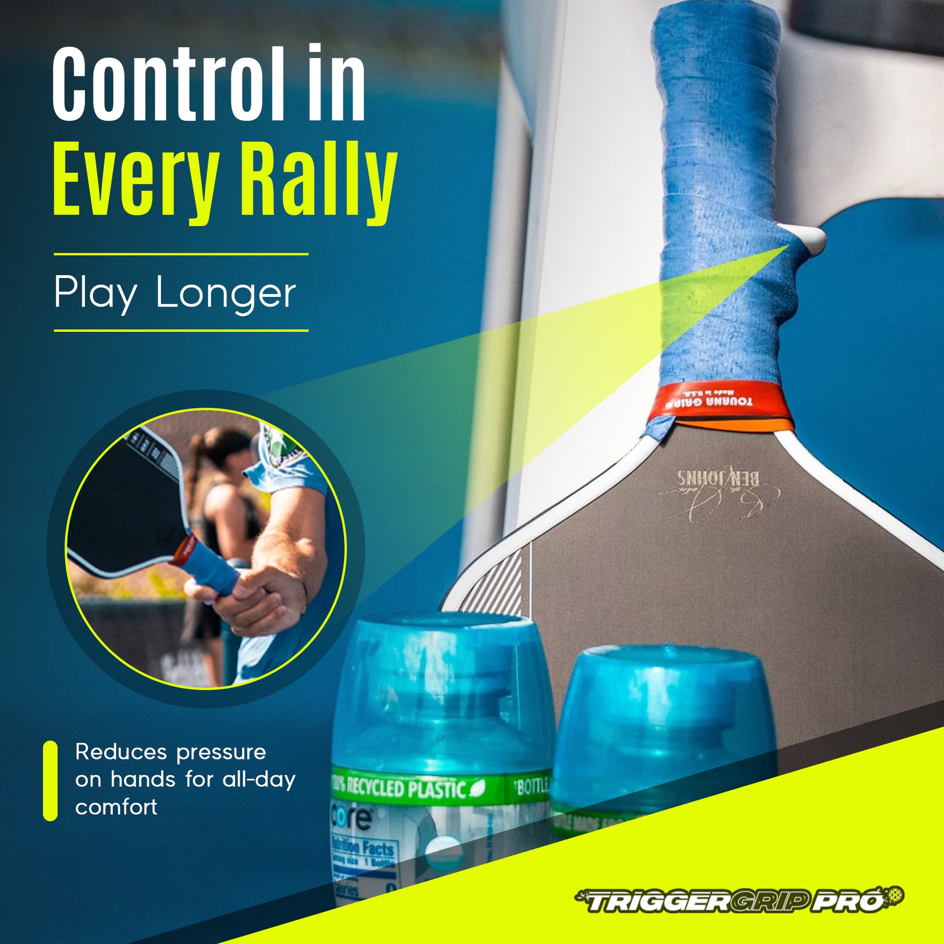 TriggerGrip Pro Stealth Grey graphic highlighting better control and comfort in every pickleball rally.