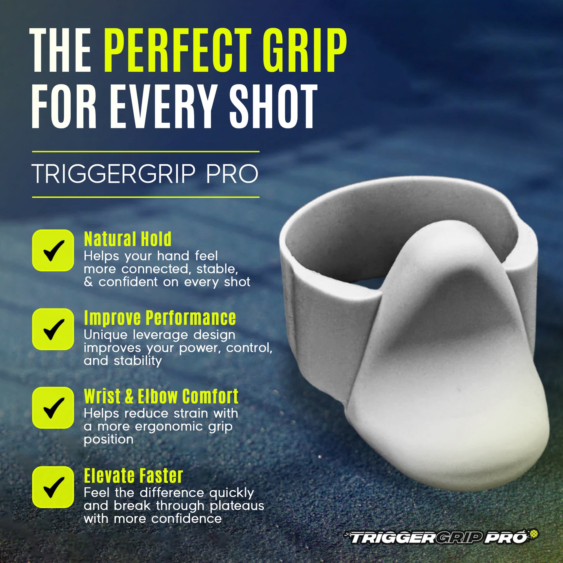 TriggerGrip Pro Stealth Grey graphic showing a natural grip feel for better power, control, and comfort.