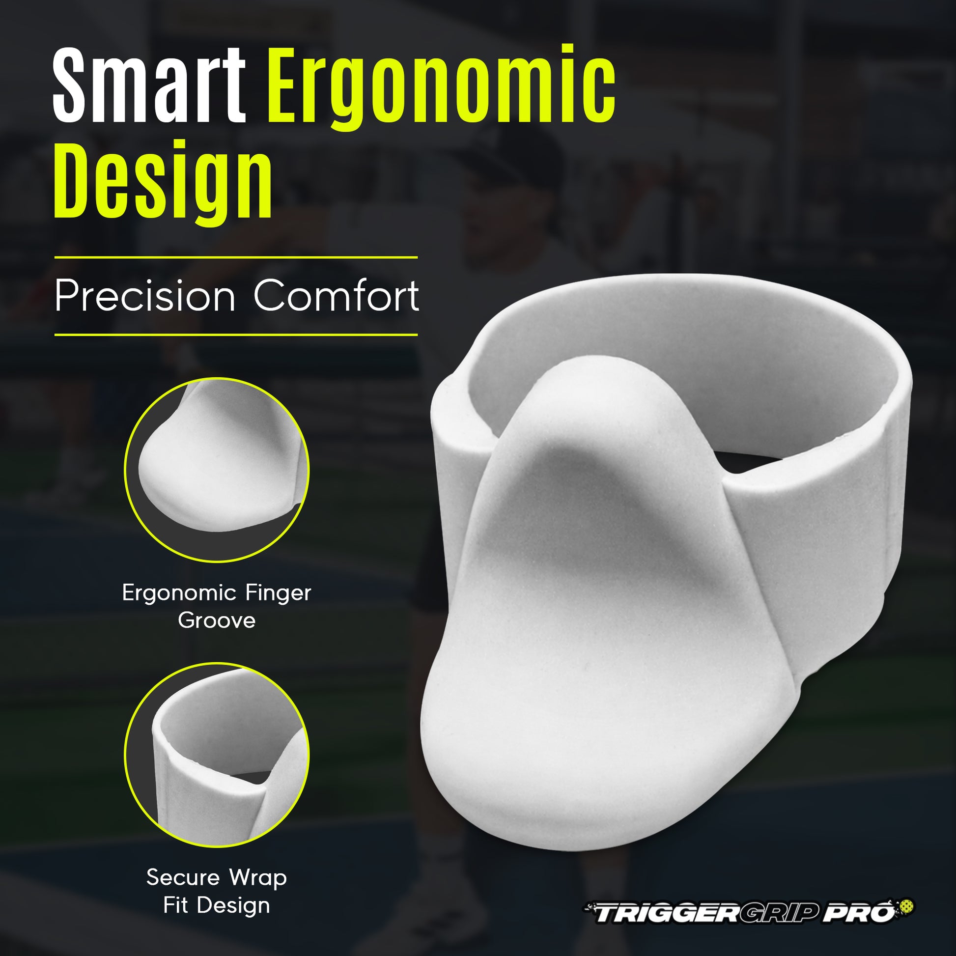 TriggerGrip Pro Stealth Grey graphic highlighting smart ergonomic design for precision and comfort.