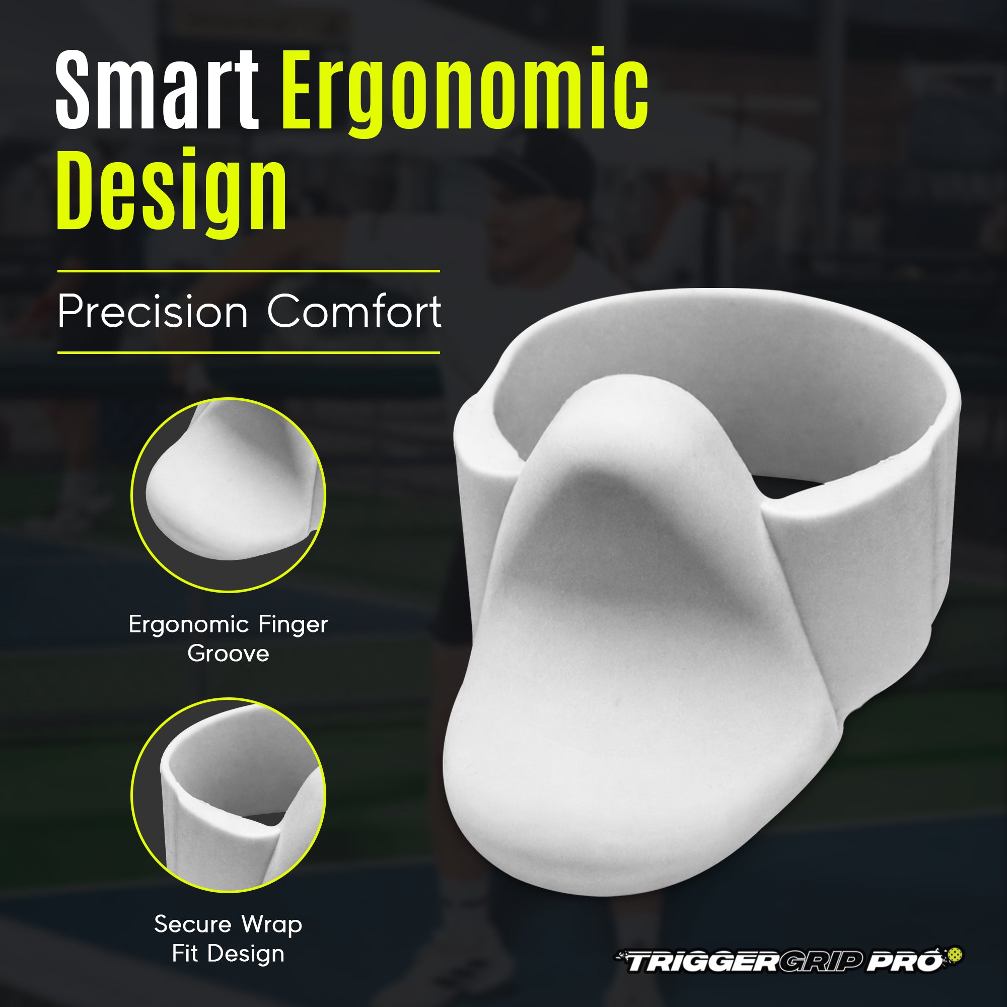 TriggerGrip Pro Stealth Grey graphic highlighting smart ergonomic design for precision and comfort.