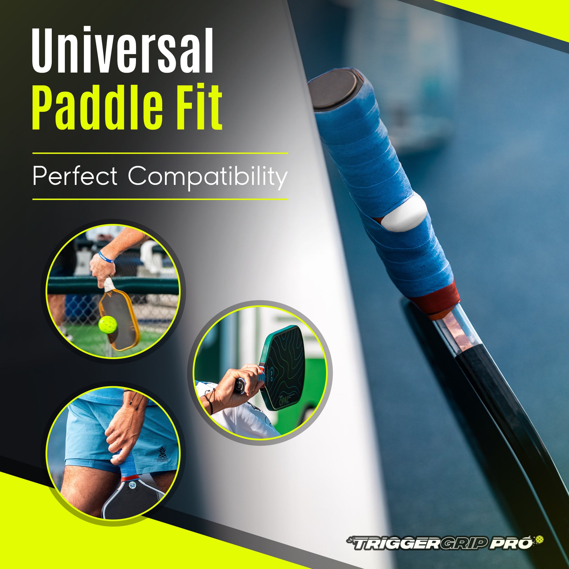 TriggerGrip Pro Stealth Grey graphic showing universal fit on most pickleball paddle handles.